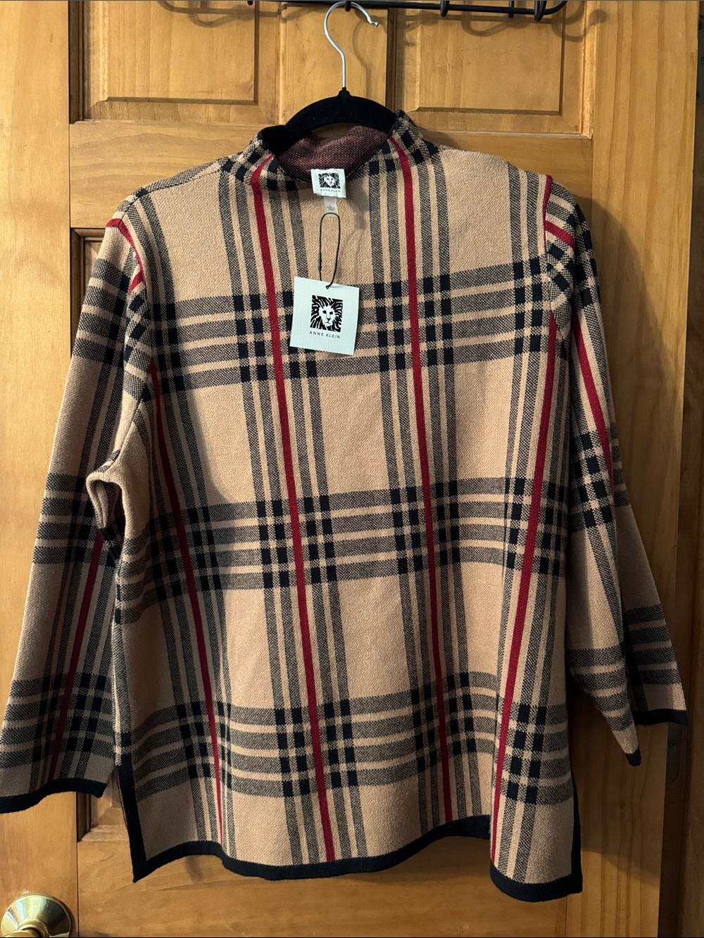 Anne Klein Beige Plaid Turtleneck Sweater with Black & Red Accents